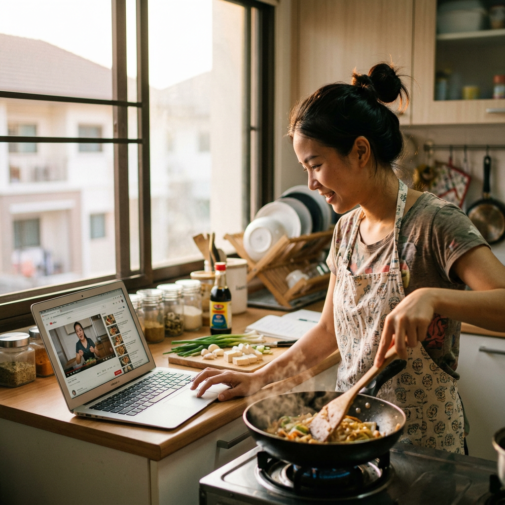 Asian woman cooking with laptop open