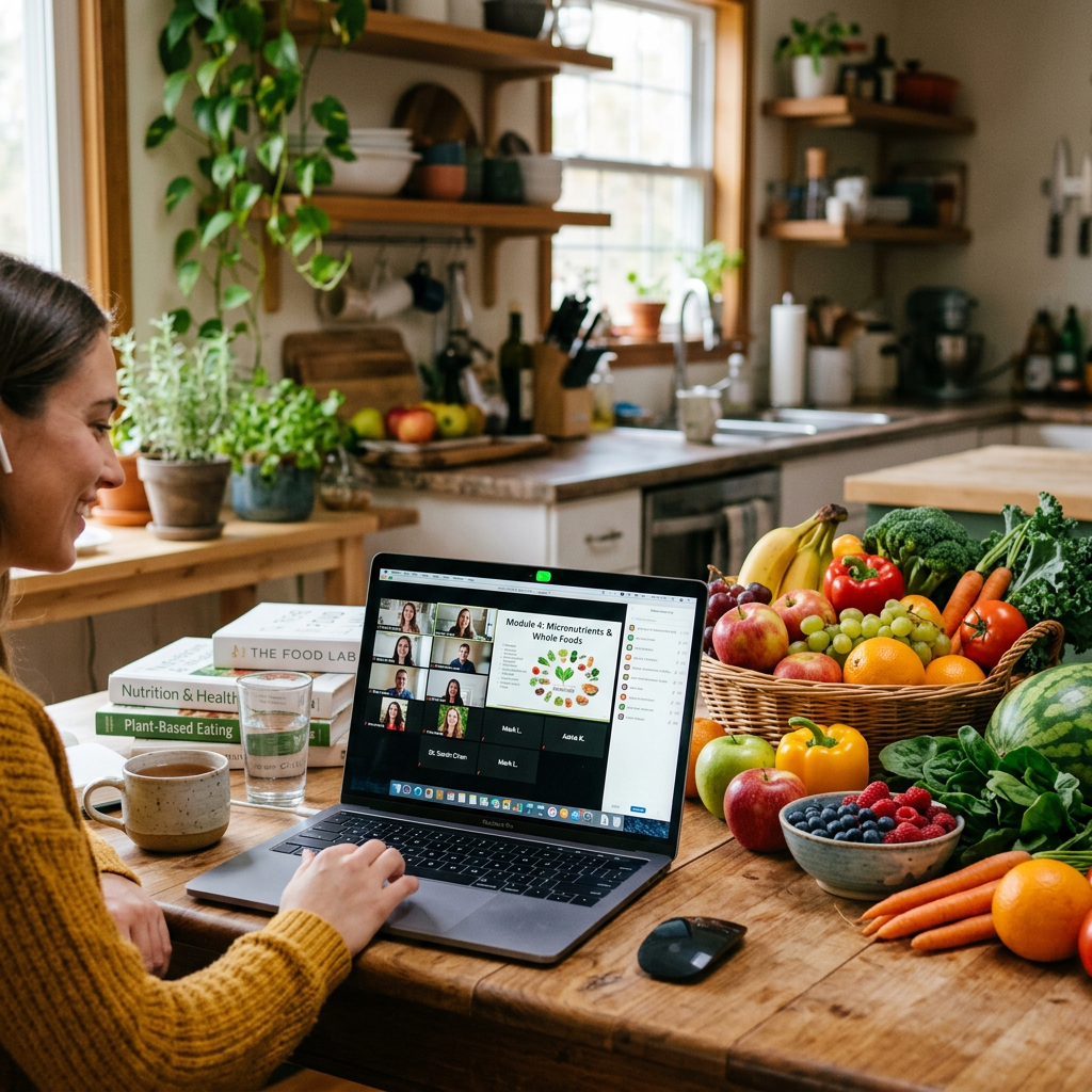 Online class on laptop with fruits vegetables