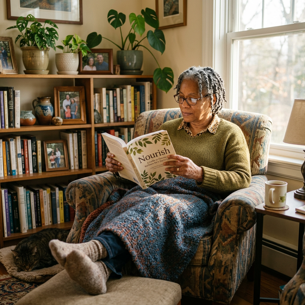 An older woman sitting in a patterned armchair, covered with a blanket, reading a book called Nourish